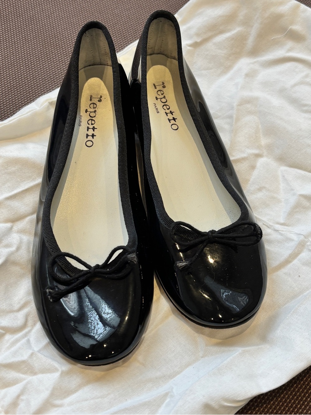 Repetto Black Patent Leather Ballet Flats with Bow Trim